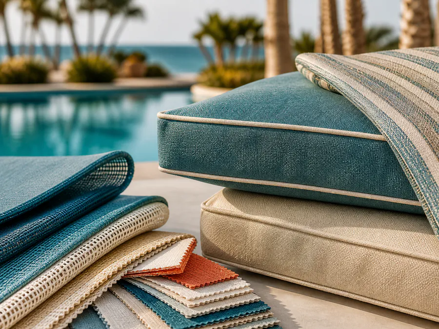 Outdoor cushions, sling fabrics and textile swatches in a resort pool setting